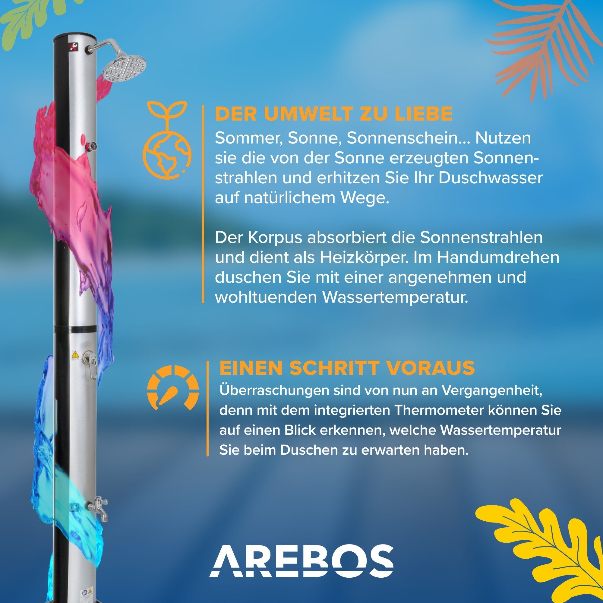 Arebos Solardusche 40L & Bodenelement, mit integriertem Thermometer & Fußdusche (Set), inkl. Abdeckhaube