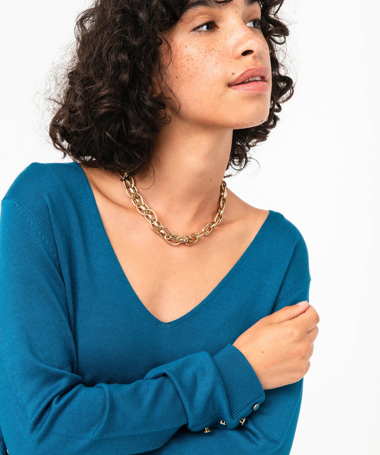 Pull en maille fine à col V et boutons fantaisie femme bleu | GEMO
