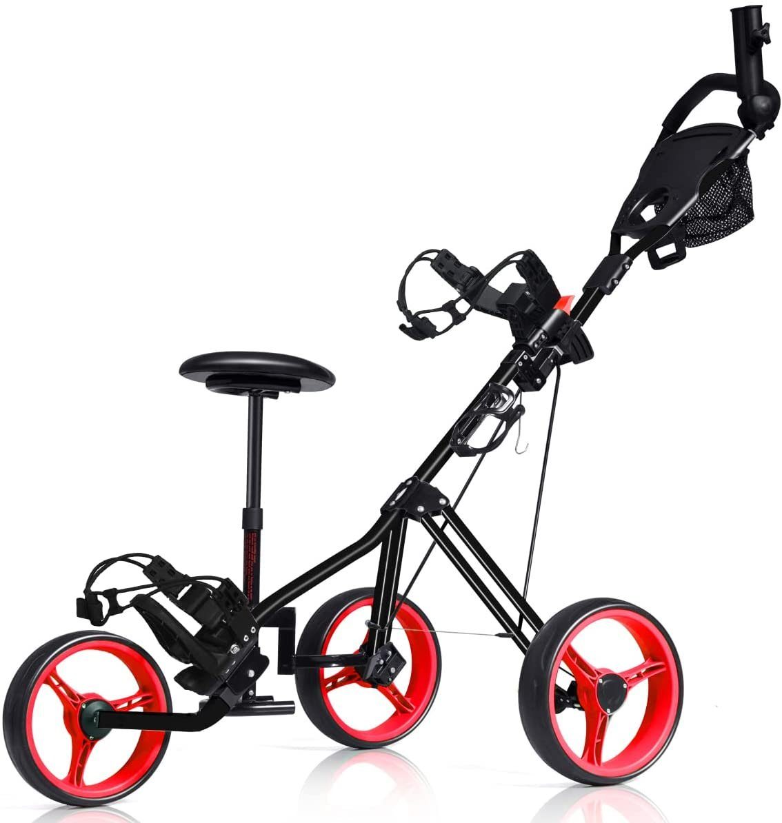 COSTWAY Golftrolley 3-Rad Golfwagen, klappbar, mit verstellbarem Sitz, Griff