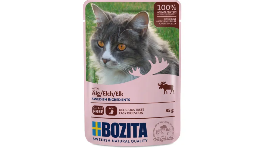BOZITA Katzennassfutter Pouch Häppchen in Gelee mit Elch 85 g