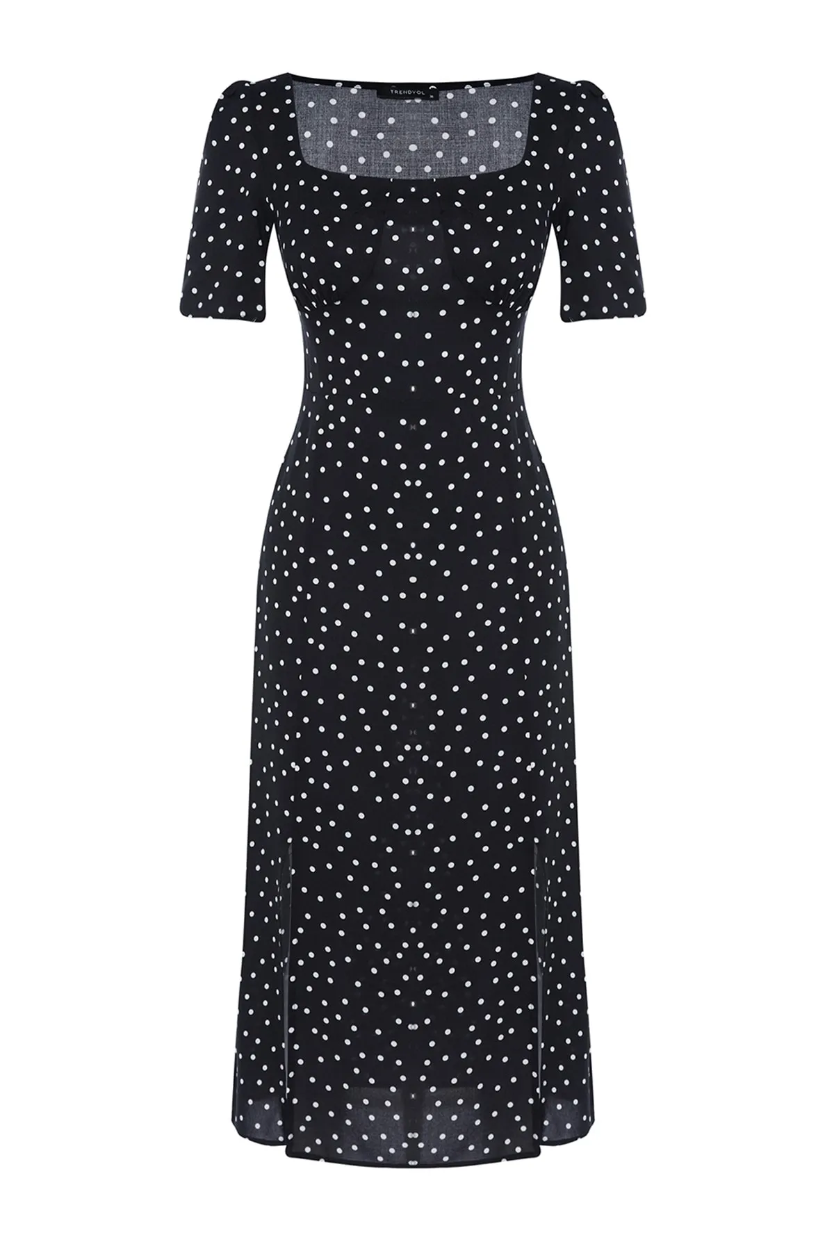 Trendyol Collection  Schwarzes A-Linien-Midikleid aus gewebter Viskose mit Muster TWOSS23EL00487