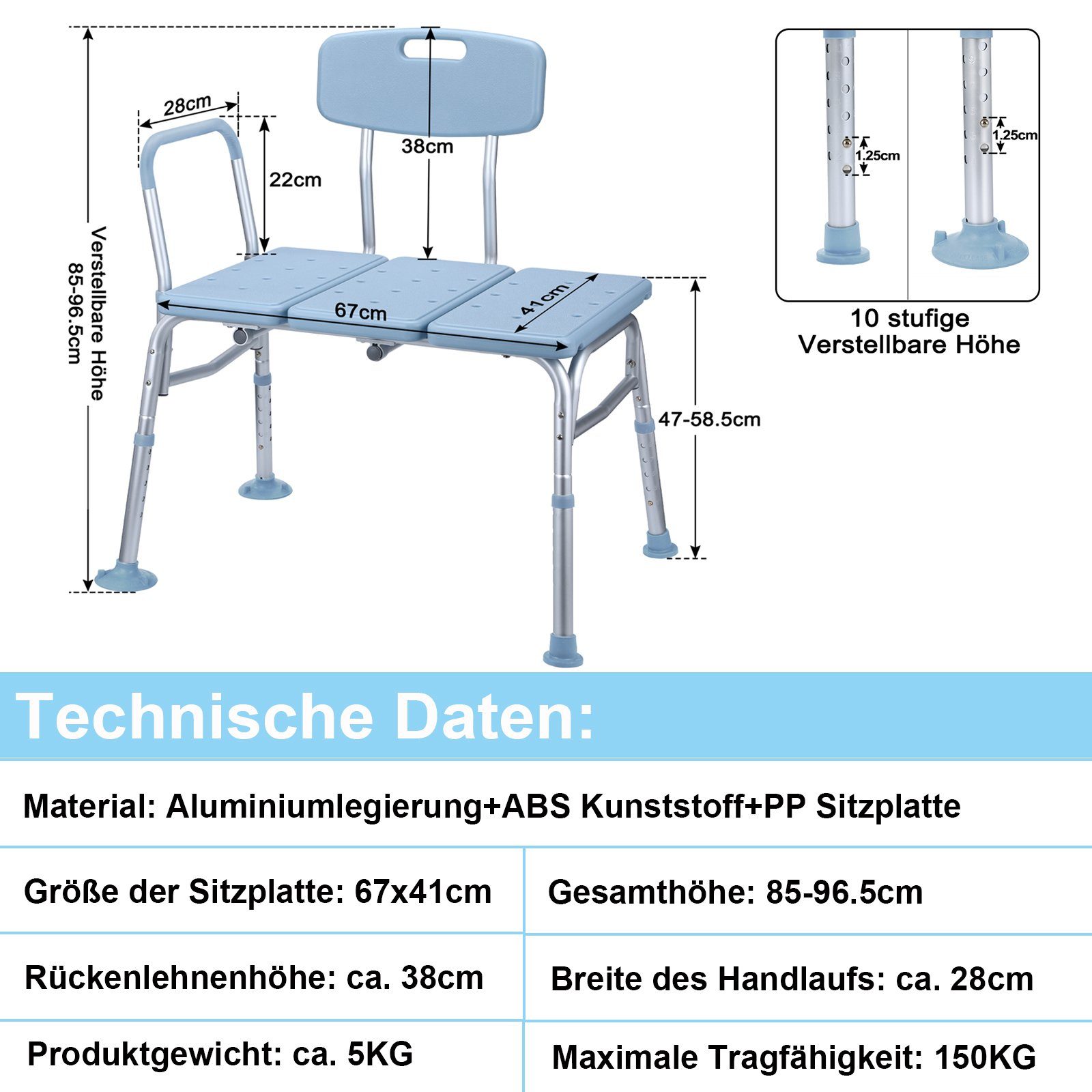 AUFUN Badewannensitz mit Abnehmbarer, belastbar bis 150 kg, für Badewanne