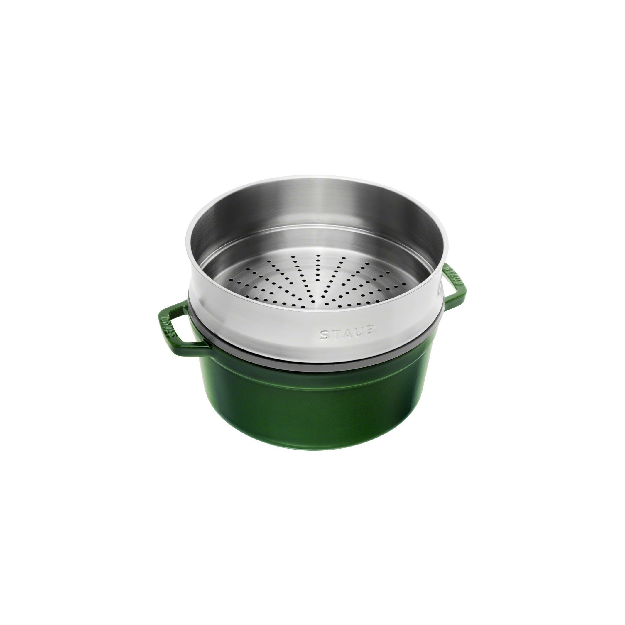 Cocotte mit Dämpfeinsatz 26 cm, rund, Basilikum-Grün, Gusseisen