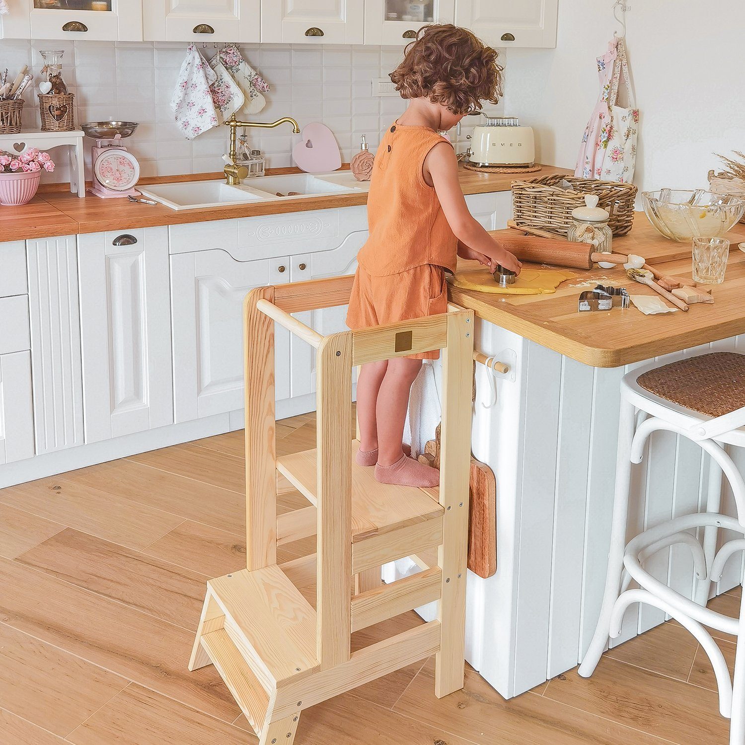 MeowBaby Stehhilfe Lernturm für Kinder Montessori Lernstuhl Blau (1 St), Kinderhocker, Höhenverstellbar, Abgerundete Ecken & Kanten