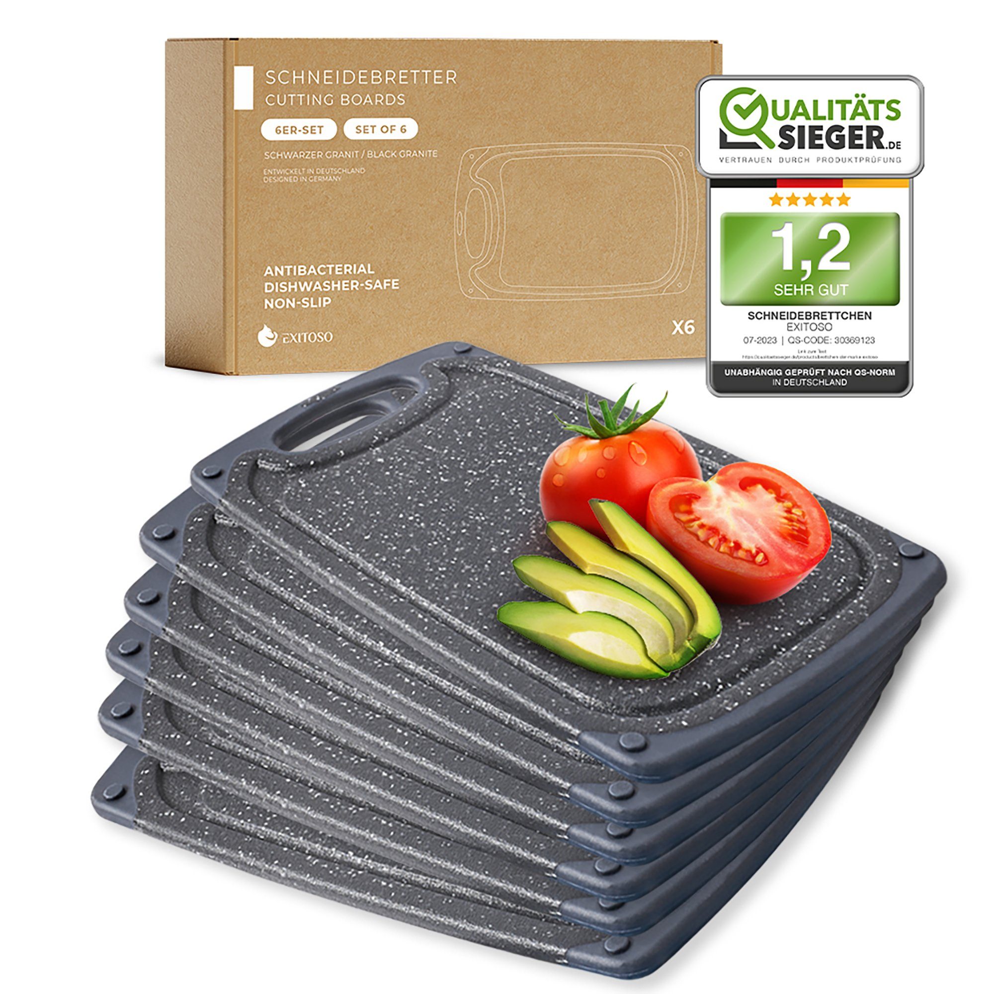 Exitoso Frühstücksbrett BPA Frei - Spülmaschinenfest mit Saftrillen, (6-St., Schneidebretter für die Küche), Mit Griff - Antibakteriell - 25x15 cm