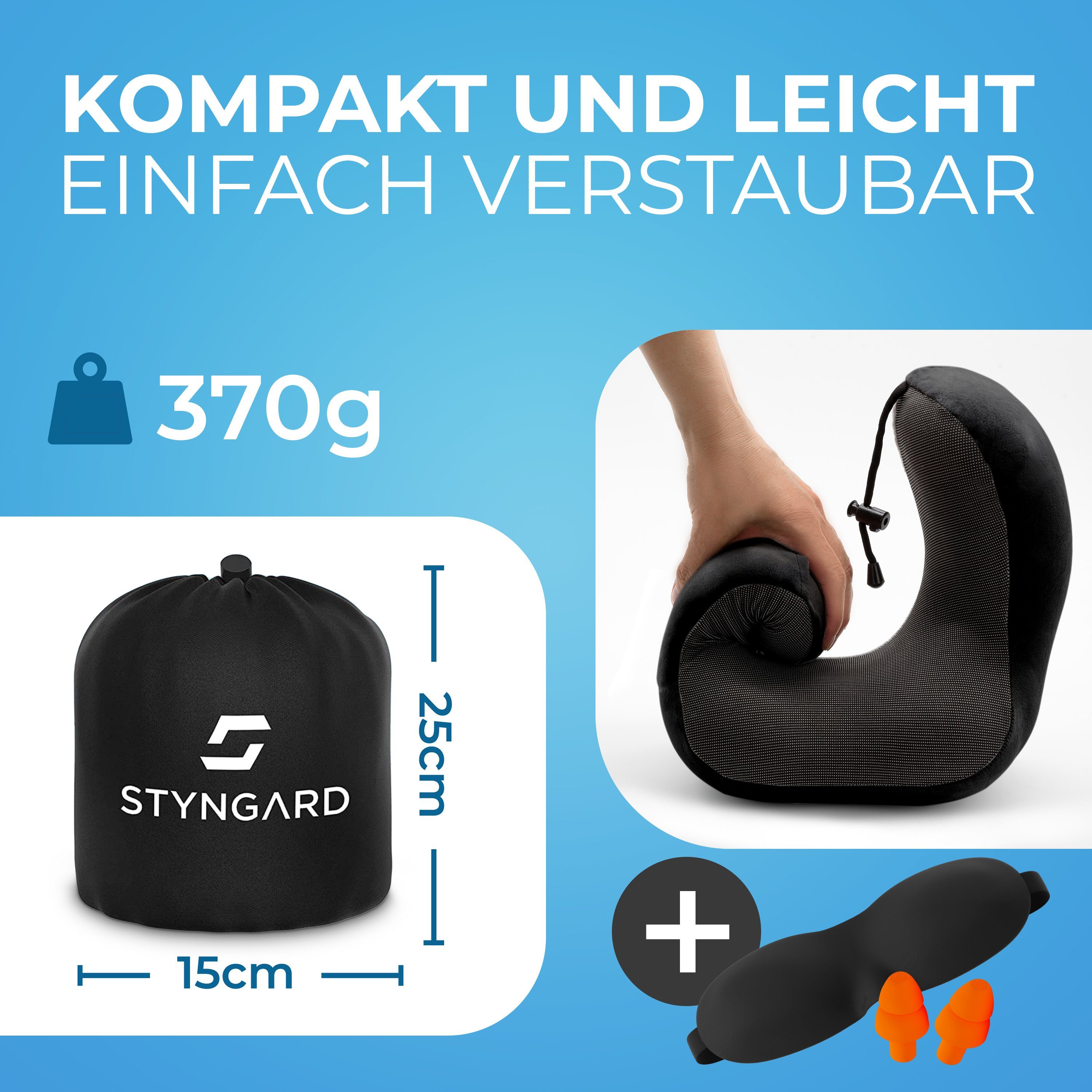 Styngard Nackenkissen Reisekissen, aus Memory-Foam inkl. Schlafmaske und Ohrstöpsel