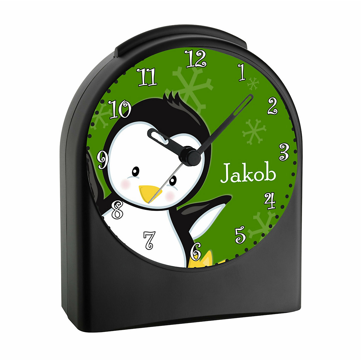 Kinder Funkwecker personalisiert mit Namen Pinguin Atom-/Funkuhr, 12-Stunden-Anzeigeformat, Schlummerfunktion, Nachtlicht, Geräuschlos/Ohne Ticken