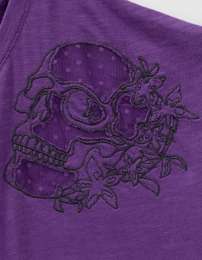 Tee-shirt violet broderie tête de mort avec tulle Femme