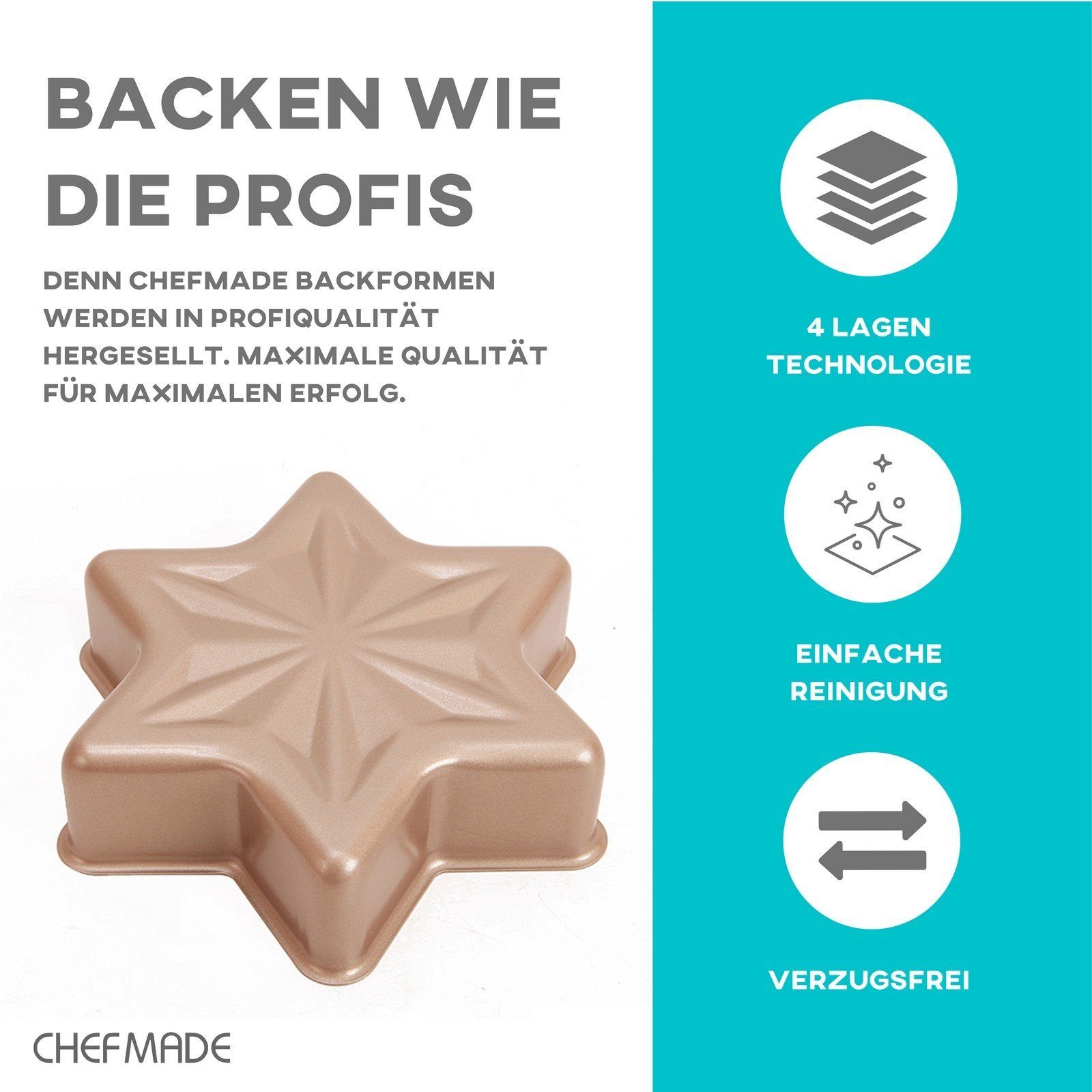 Chefmade Backform Kastenform, (CHEFMADE, 21cm Motivbackform Stern, 202x131x48mm, Champagnergold, antihaft- & silikonbeschichtet, Kuchenform Stern, Motiv-Backform, Backform Weihnachten, Kuchenform Weihnachten 1-tlg), Motiv Kuchen Formen Stern Motiv -