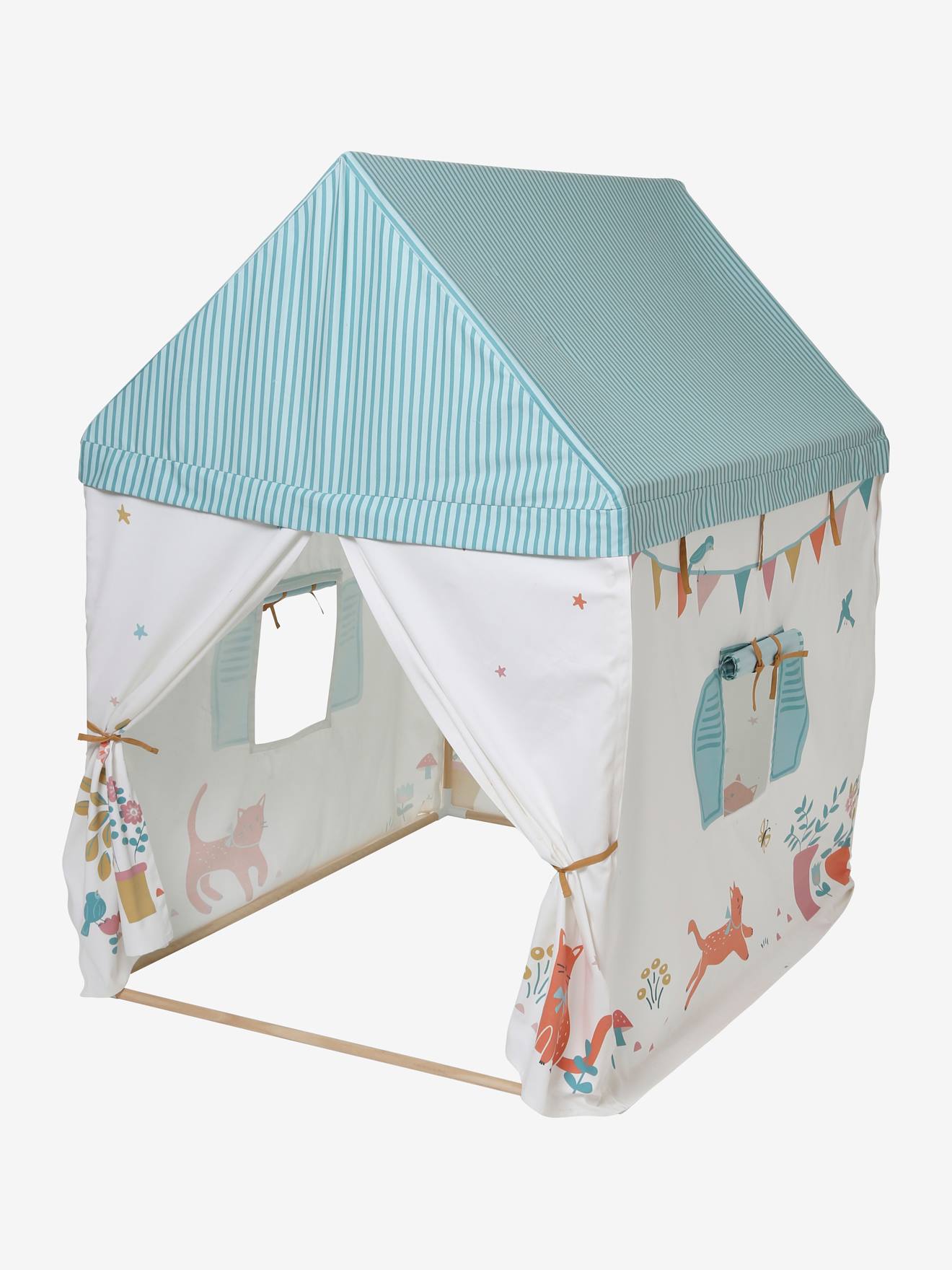 Vertbaudet Kinder Spielzelt, Spielhaus aus Baumwollstoff/Holzstangen - blau/mehrfarbig bedruckt