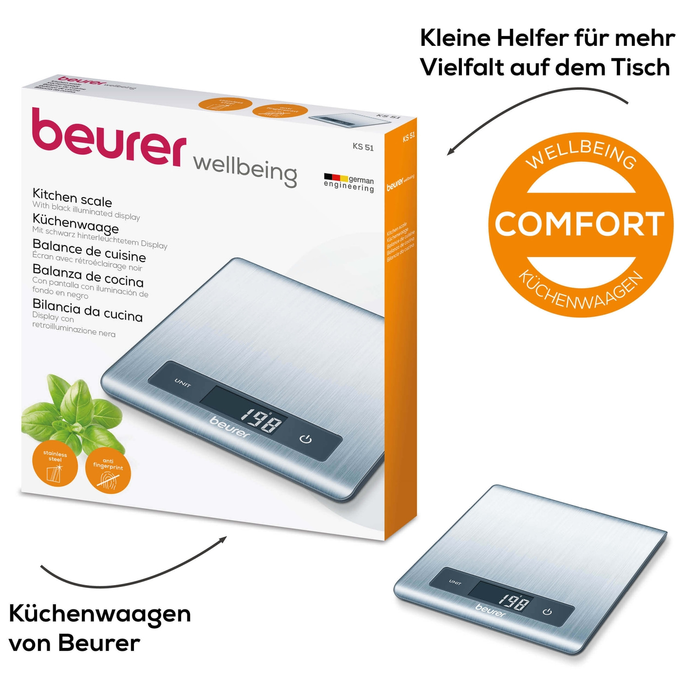 Beurer Küchenwaage KS 51-Ultra flache Küchenwaage mit Wiegefläche aus gebürstetem Edelstahl