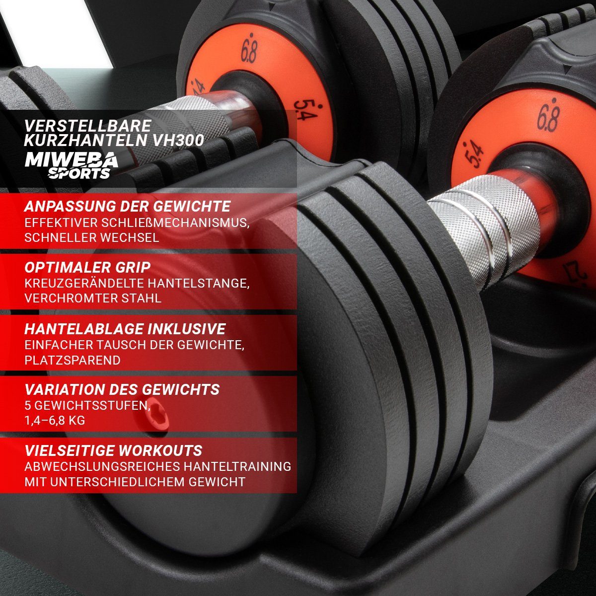 Miweba Sports Hantel-Set verstellbares Fitness Kurzhantel Set VH300 inkl. Gestell, (cleveres Verschlusssystem, Stahl, Kreuzgerändelte Hantelstange, rutschfest, Workout, Muskelaufbau, Sport, 1,4-6,8 kg, 5 Gewichtsstufen, 16 Gewichtsscheiben á 0,7 kg,