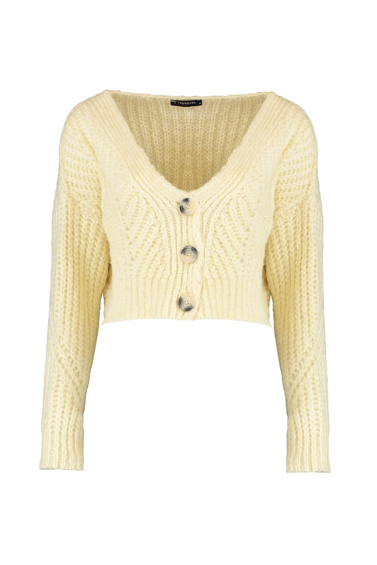 Trendyol Collection  Ecrufarbene, superkurze Strickjacke mit weicher Struktur und Knopfdetail