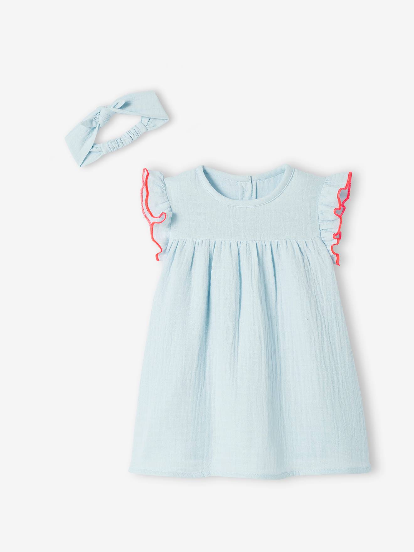 Robe bébé et son bandeau noeud bleu ciel