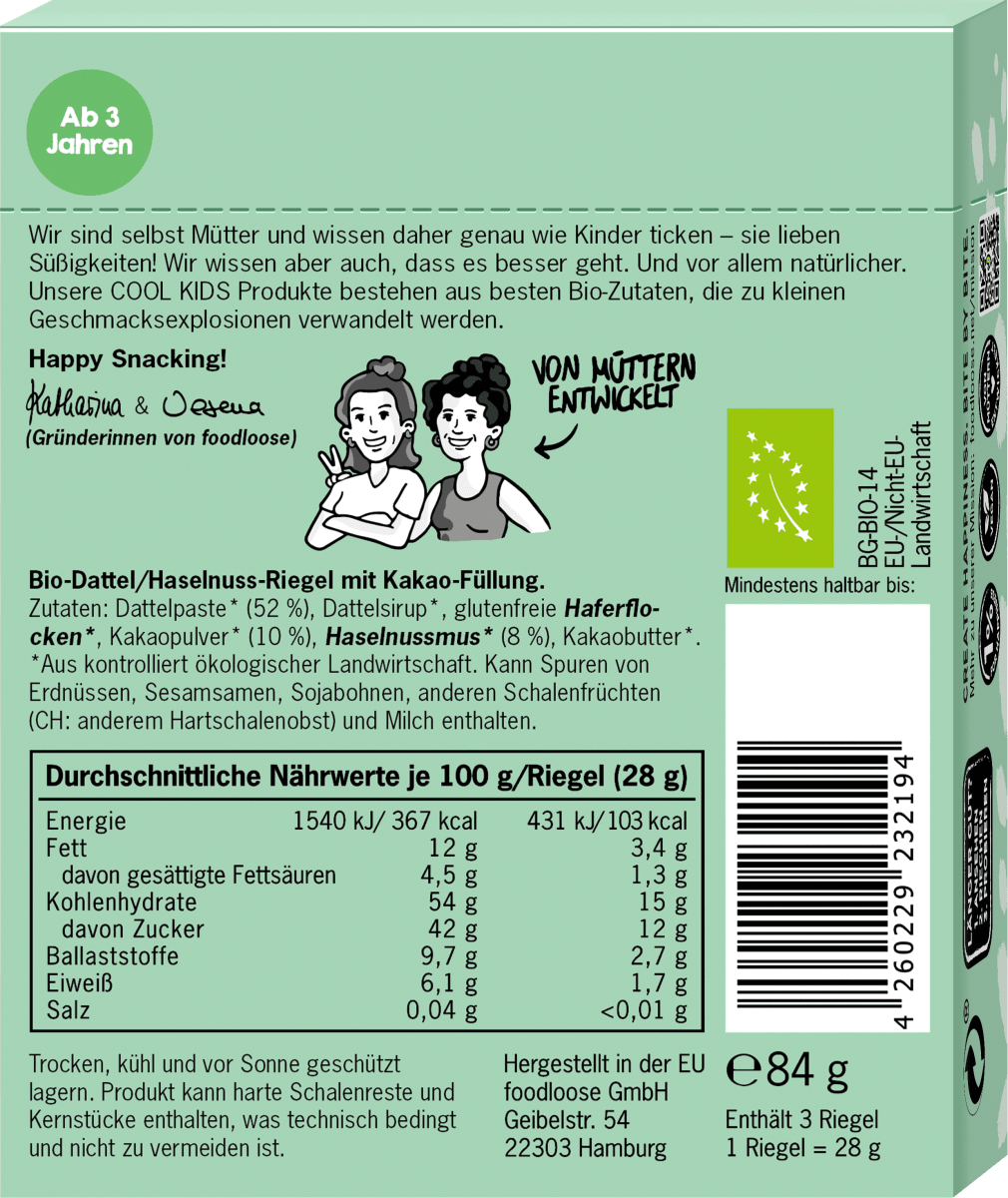 Kindersnack Nusscreme-Riegel Kids Haselnuss-Kakao ab 3 Jahren, 84 g