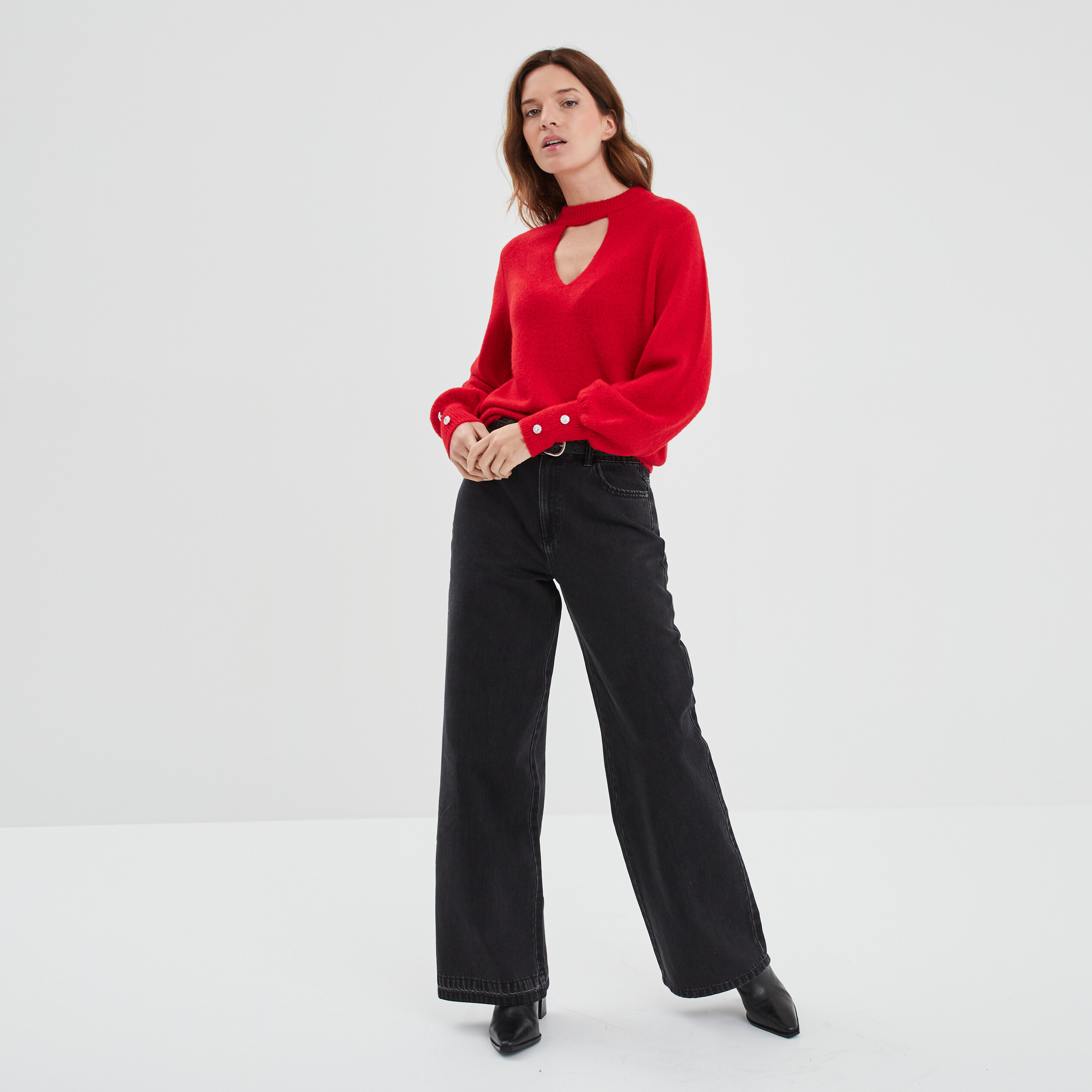 Pull col montant avec ouverture rouge fluo femme | La Halle