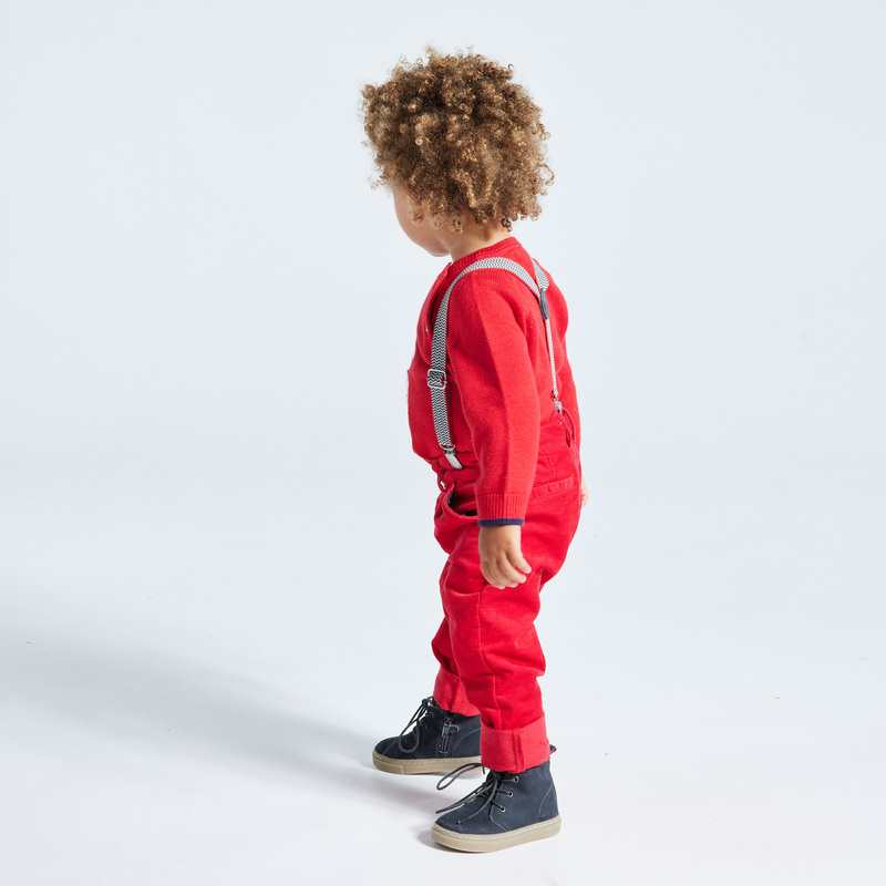 Pantalon velours fantaisie à bretelles rouge bébé garçon