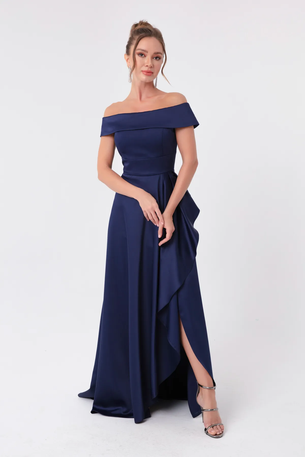 Lafaba  Marineblaues Satin-Abendkleid und Abschlusskleid mit U-Boot-Ausschnitt für Damen
