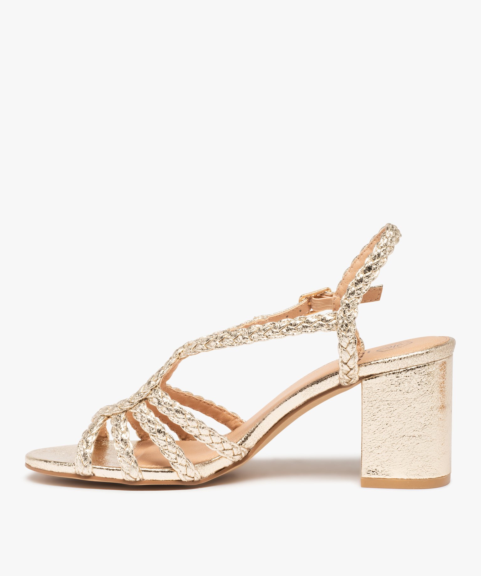 Sandales femme à talon et brides tressées brillantes or | GEMO
