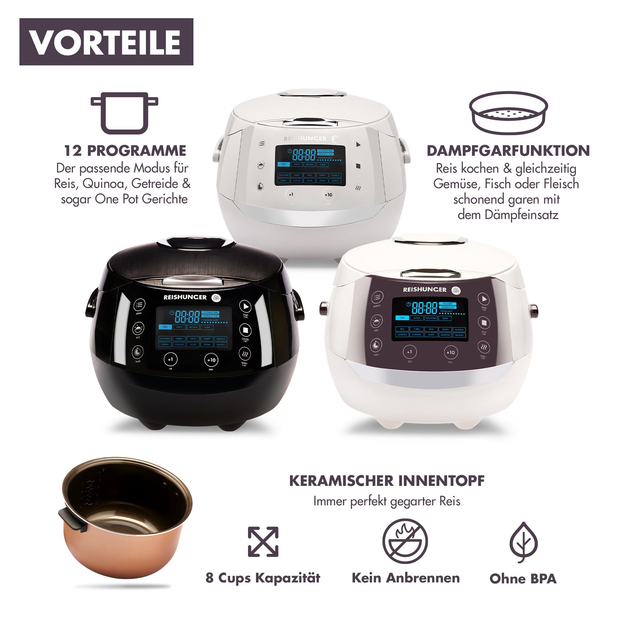Reishunger Reiskocher - Digitaler Reiskocher & Dampfgarer, 860 W, Timer- und Warmhaltefunktion, 7-Kochphasen-Technologie, LED-Display