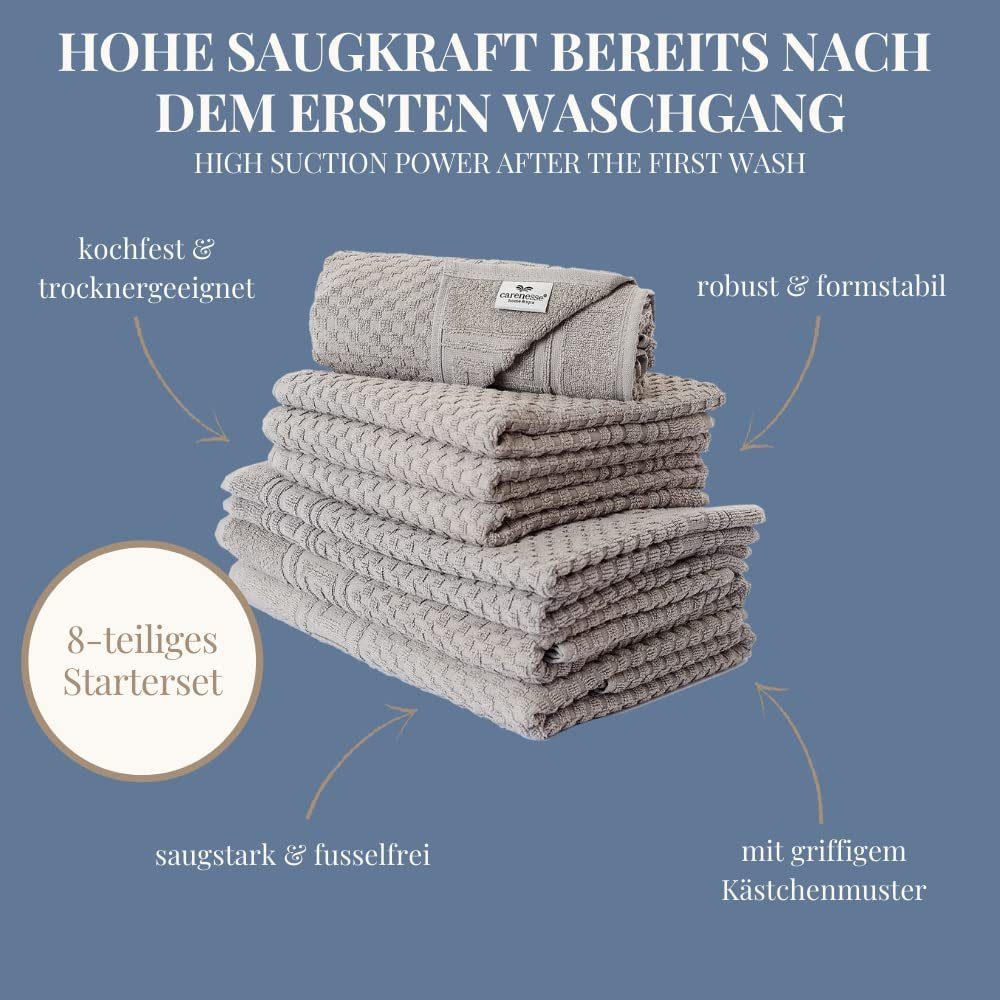 Carenesse Handtuch Set 4x Handtuch, 2x Duschtuch, 2x Badvorleger grau, 8-tlg. Set, Baumwolle, Waffelmuster & Bordüre I Frottee Handtücher fusselfrei & saugstark