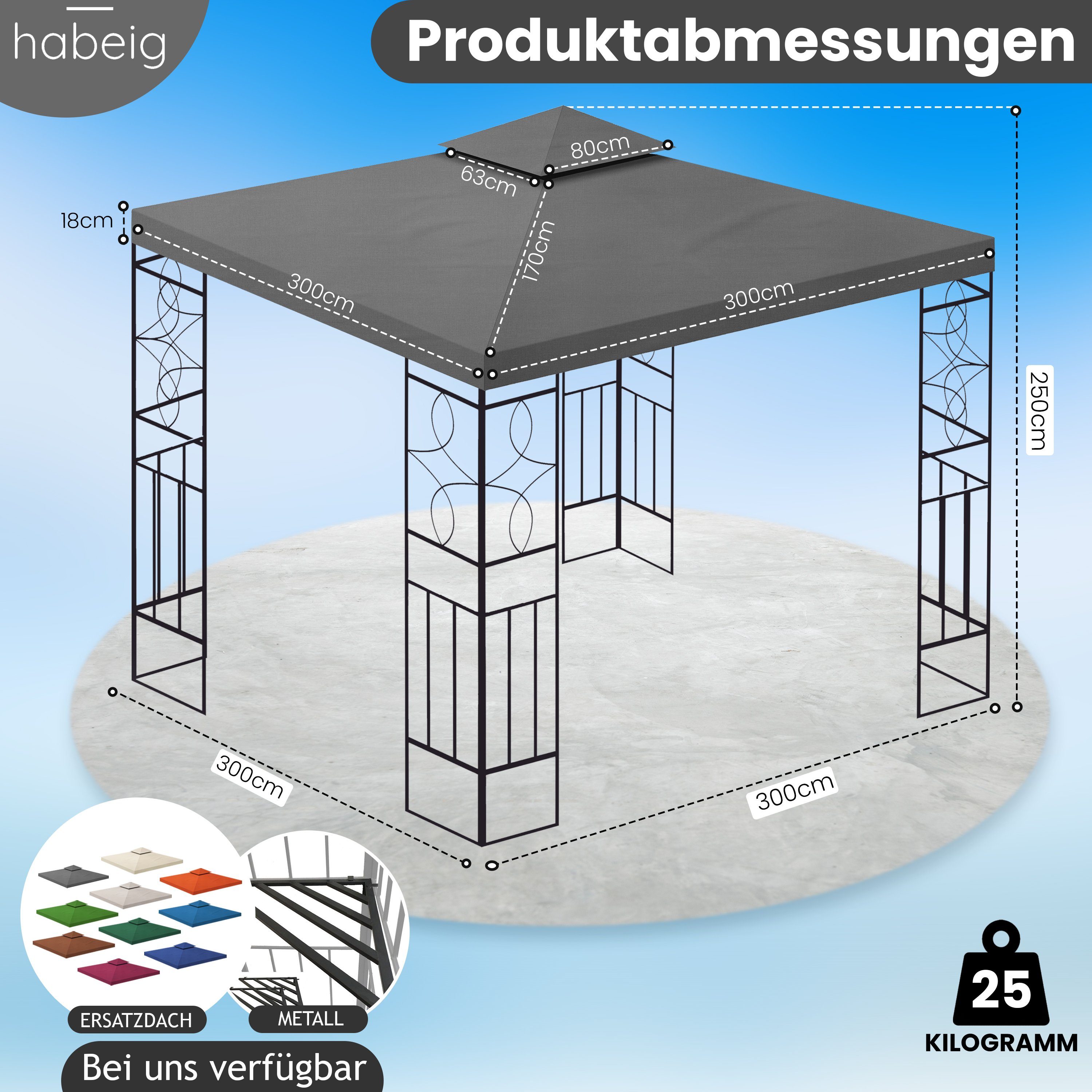 habeig Pavillon WASSERDICHTER Pavillon Romantika 3x3m Metall inkl. Dach wasserfest