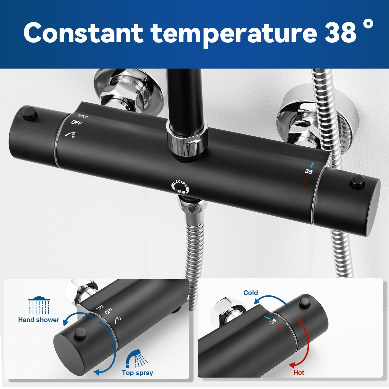CECIPA Duschsystem Thermostat-Duschsäule mit Mischbatterie Brausegarnitur höhenverstellba