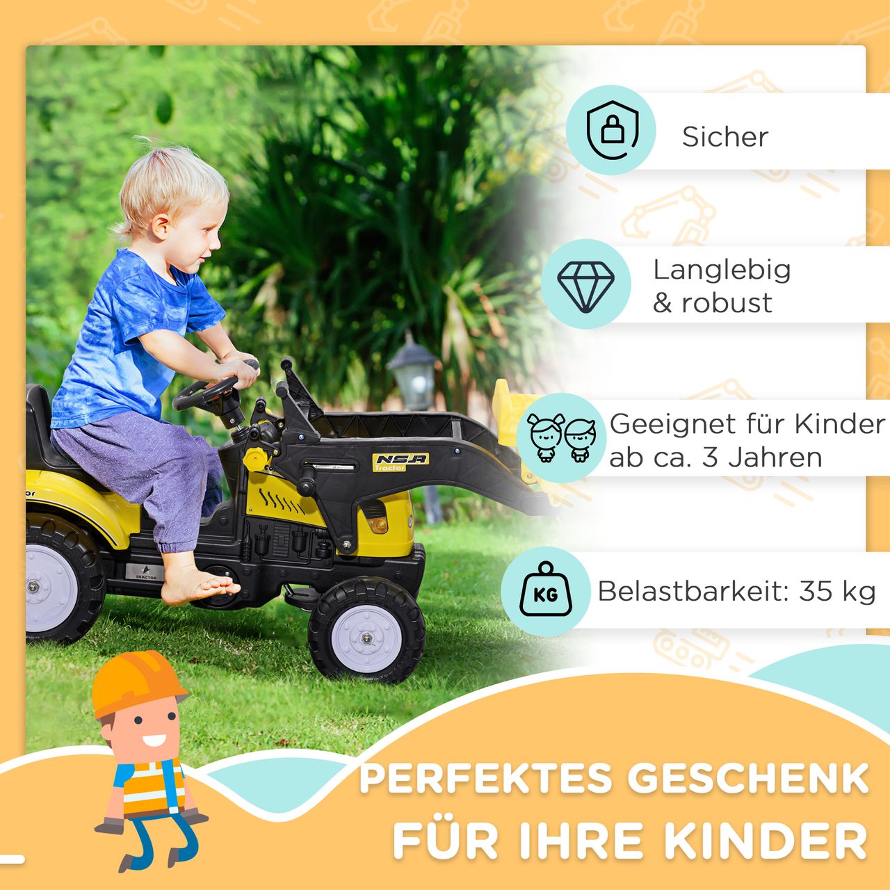 HOMCOM Kinder-Radlader Kinderbagger mit Schaufel für 3-jährige Kinder Gelb