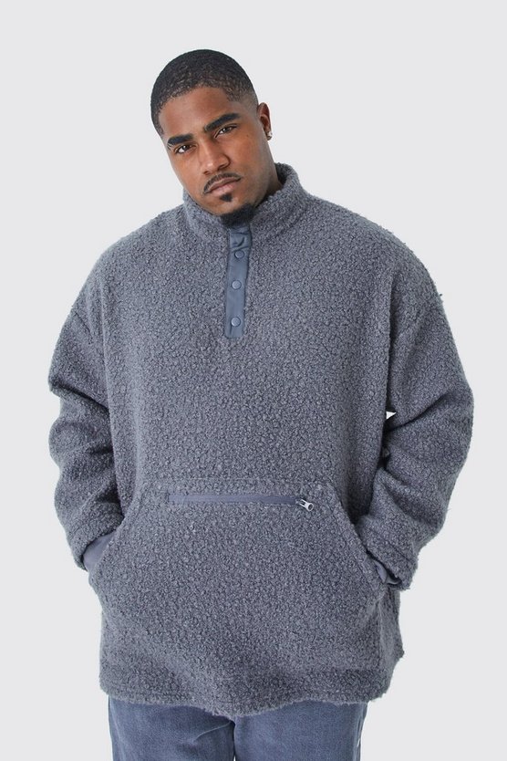 Plus Oversize Bouclee-Sweatshirt mit 1/4 Knopfleiste