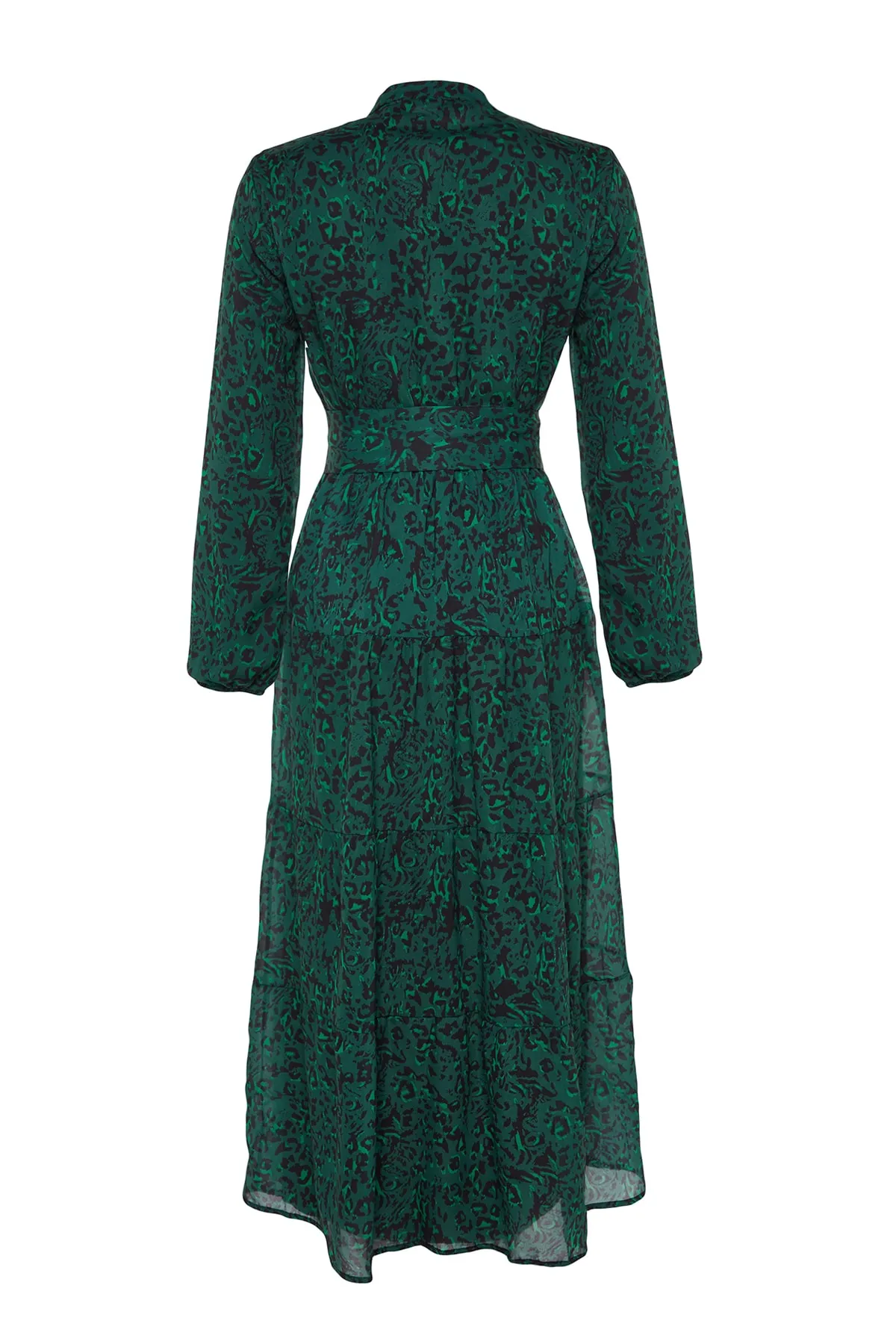 Trendyol Modest  Dunkelgrünes gemustertes, gefüttertes Chiffon-Gewebekleid mit Gürteldetail TCTSS21EL3346