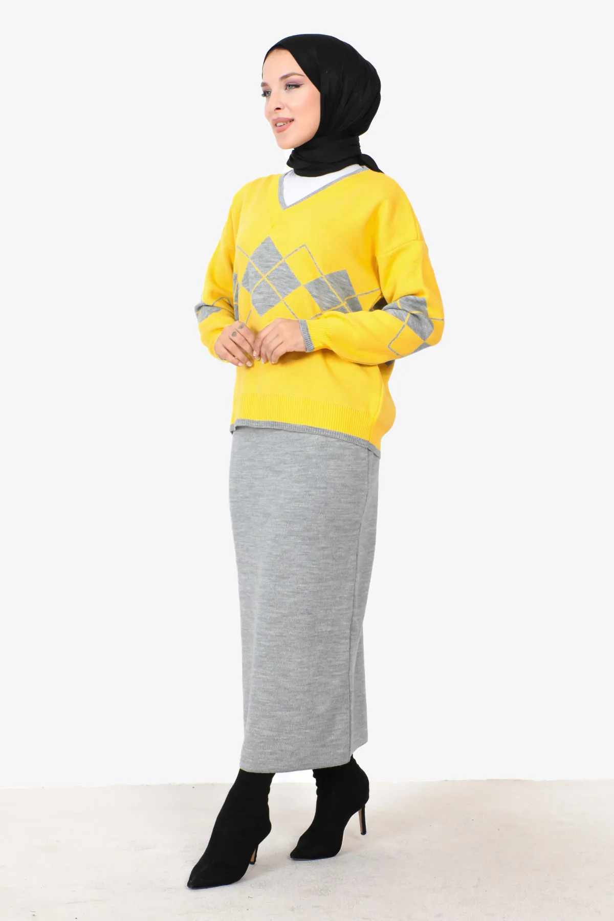Tesettür Dünyası  Strickanzug mit Rock TSD230901 Grau