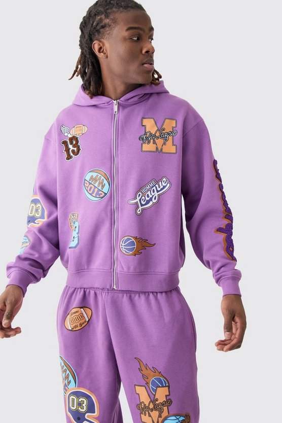 Oversized Boxy Varsity Zip Through Hooded Tracksuit