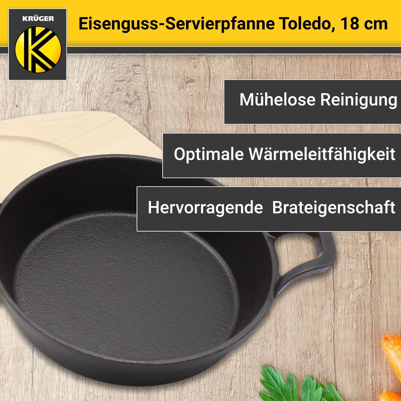 Karl Krüger Eisenguss Servierpfanne TOLEDO mit Holzteller, 18 cm