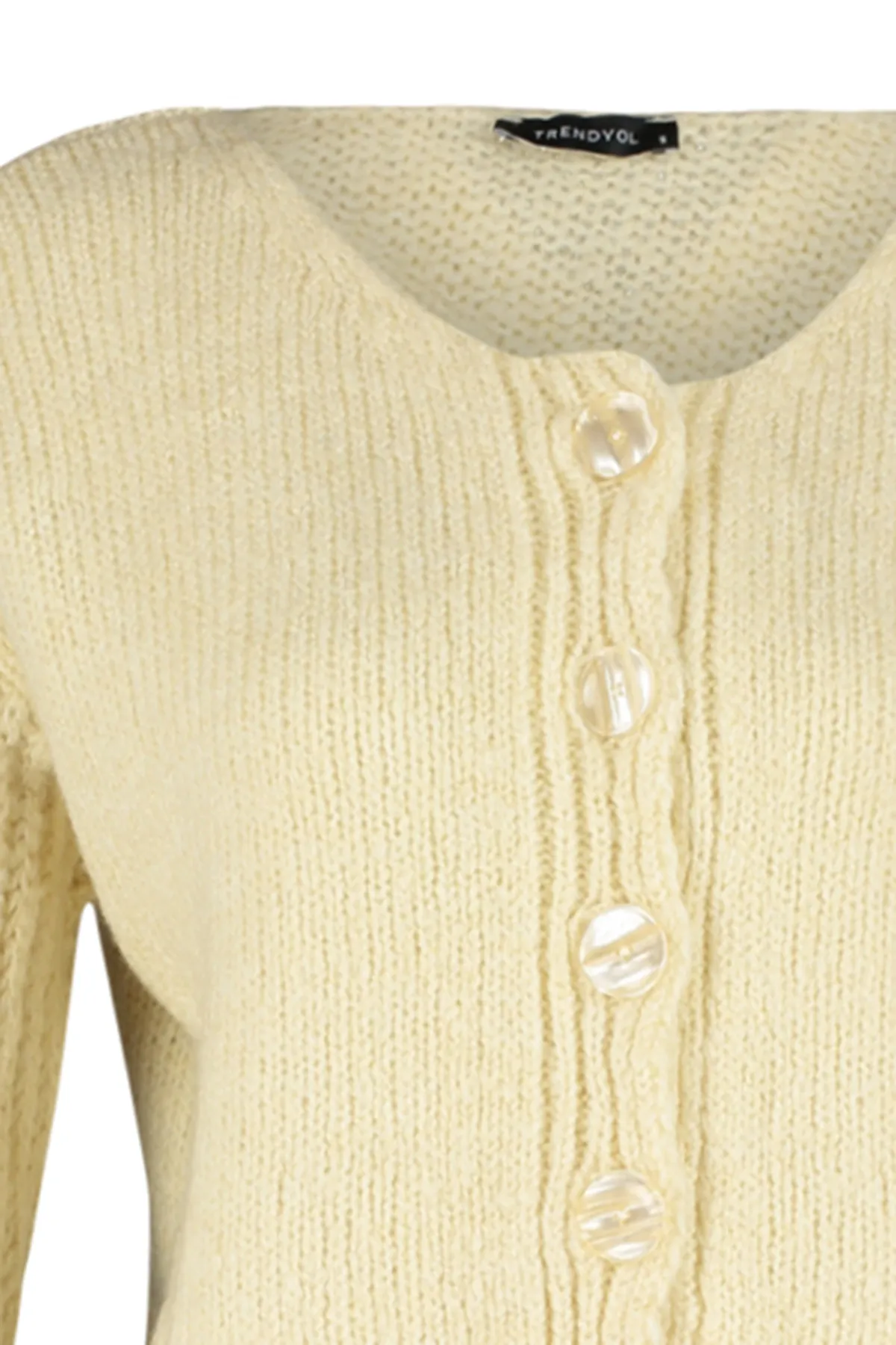 Trendyol Collection  Beige kurzer Strickcardigan mit V-Ausschnitt und Ärmeldetail TWOAW24HI00300