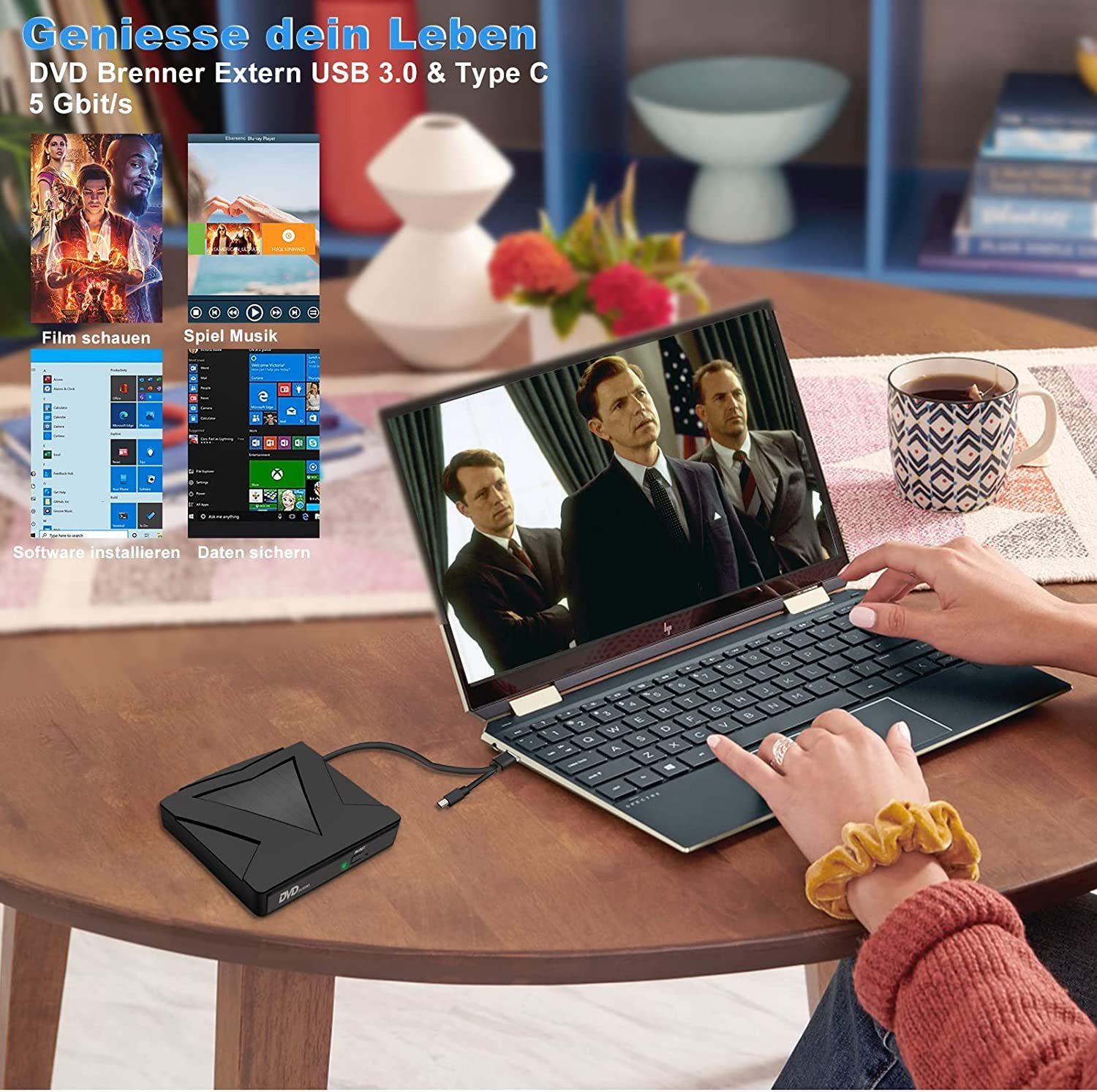 GelldG Externes DVD CD Laufwerk USB 3.0 & Type-C CD DVD +/- RW Brenner DVD-Player