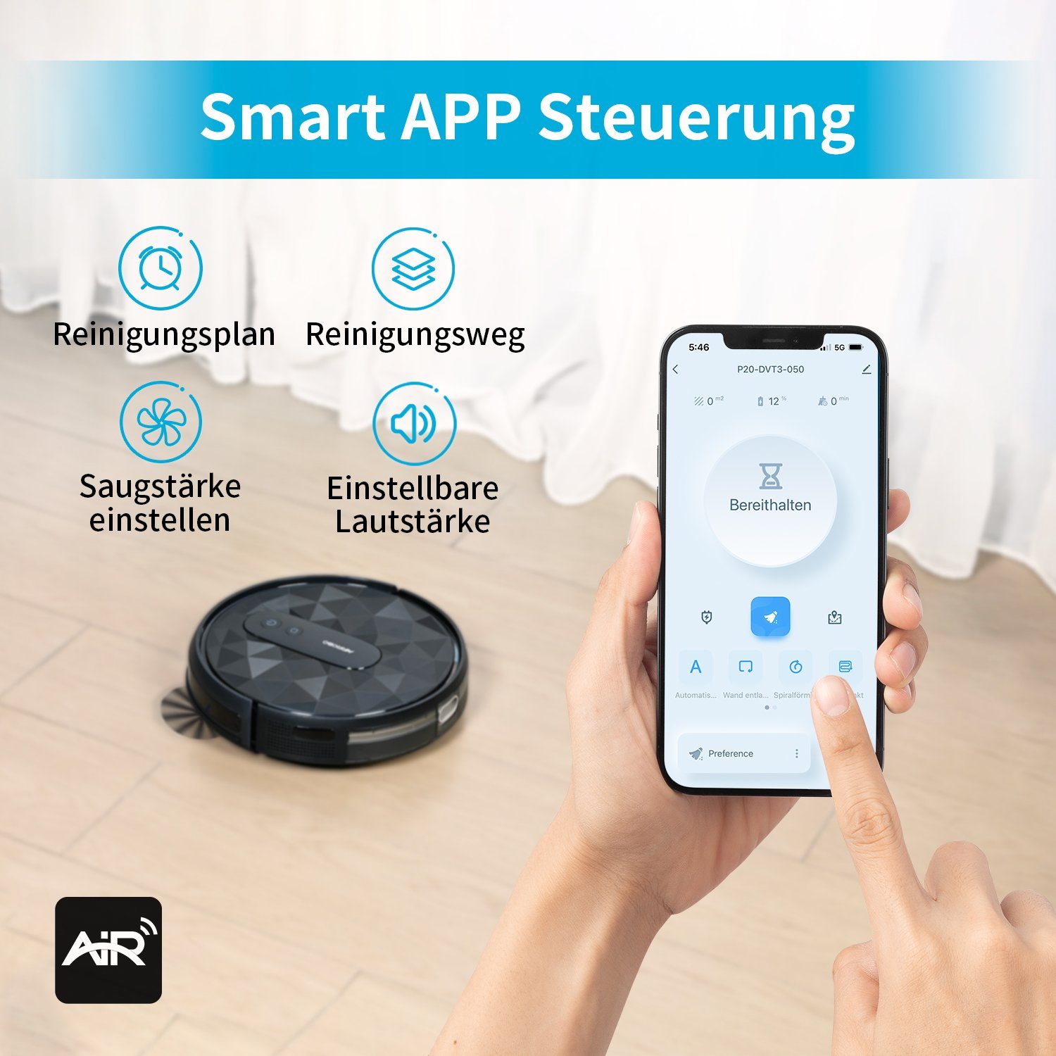 AIRROBO Saugroboter P20 2800Pa, 120Minuten Laufzeit,App,leise,für Tierhaare, harte Böden, beutellos, Teppiche mit niedrigem Flor, selbstaufladender