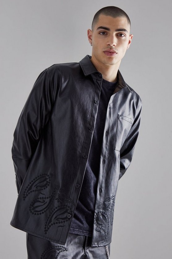 Besticktes PU-Overshirt mit Paisley-Print