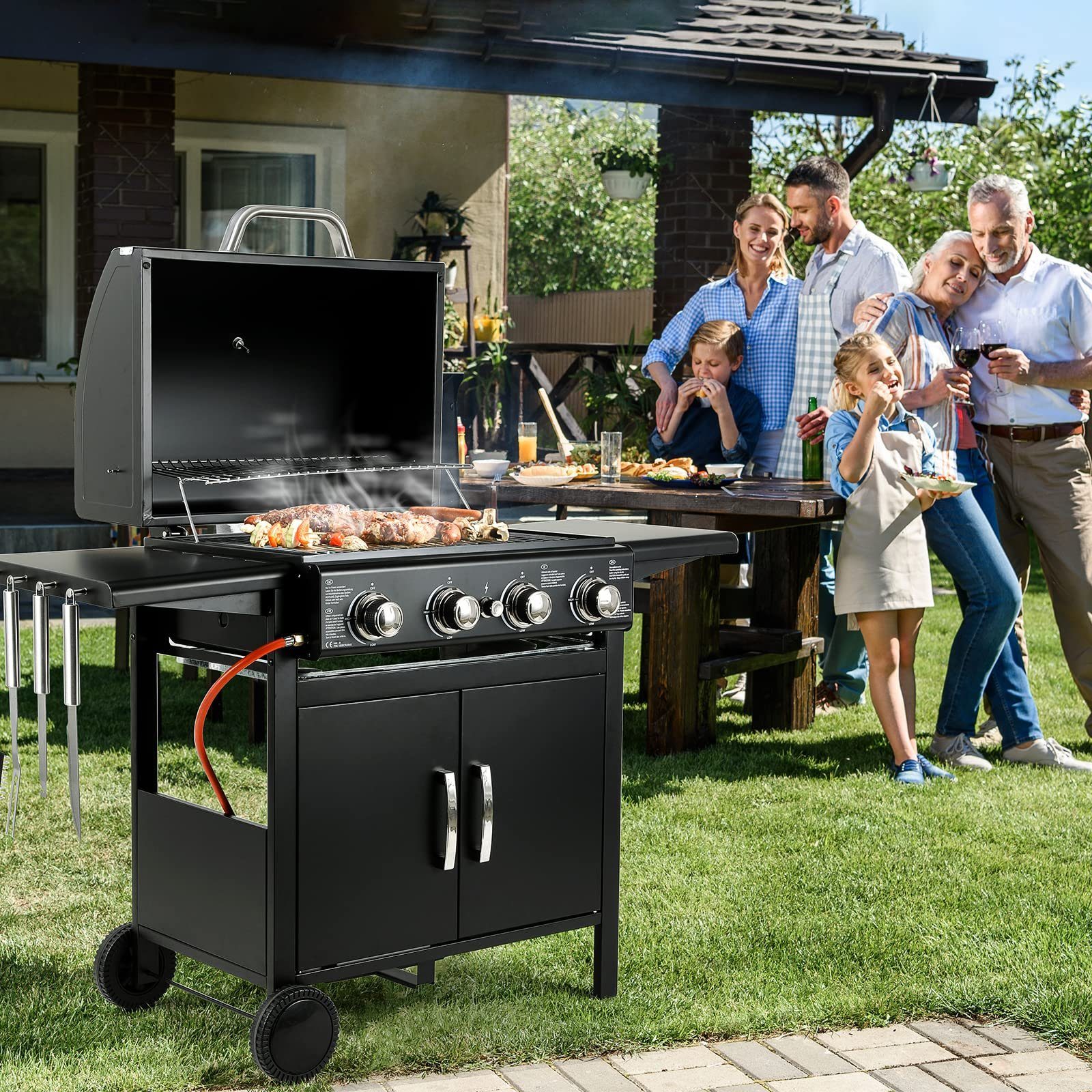 Femor Gasgrill, 4 Brenner Gasgril BBQ Grillwagen mit Thermometer Große Grillfläche