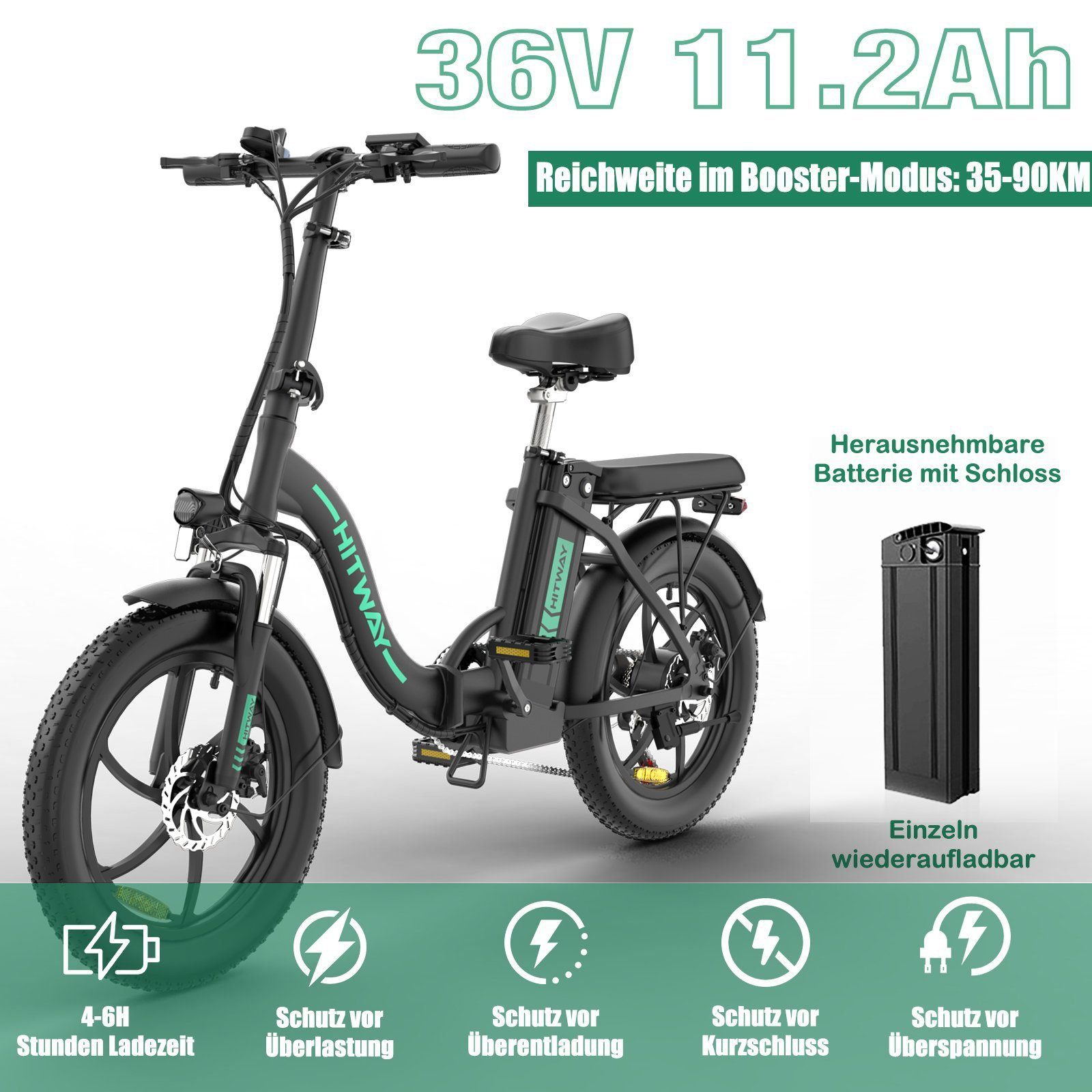 HITWAY E-Bike BK6S 20*3 Zoll Elektrofahrrad Fat Tire Damen Herren E-Cityrad, 7 Gang, Kettenschaltung, Heckmotor, Mit StVZO E-Mountainbike E-fahrrad klapprad Bis zu 90km