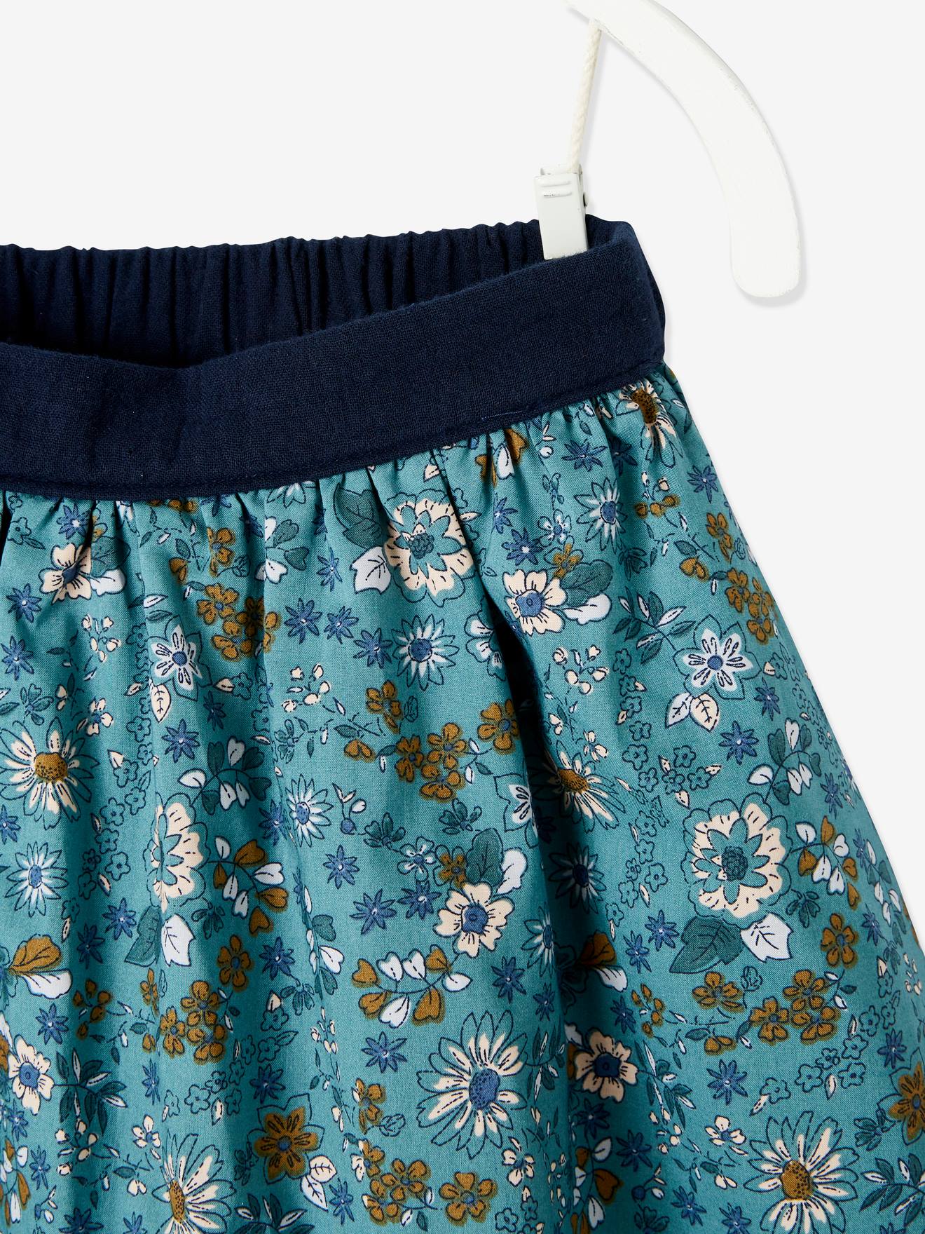 Jupe réversible fille en gaze de coton et imprimé fleurs bleu