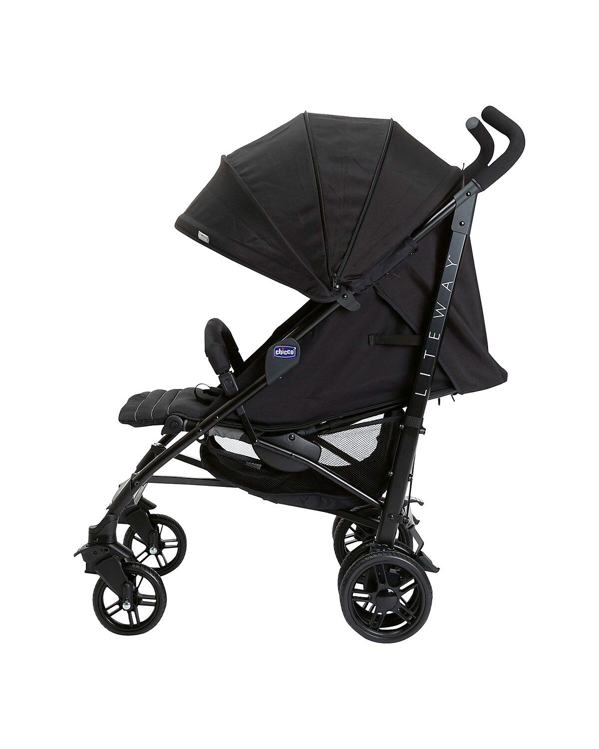 Buggy Sportwagen Lite Way4 schwarz, mit faltbarem Frontbügel 22Kg Traglast, mit neuem großen Verdeck und Textilen Design, inkl. Regenschutz, Einhängekorb