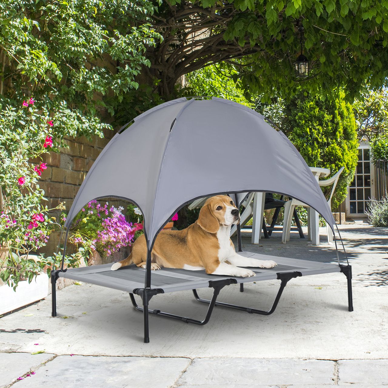 PawHut Haustierbett mit Baldachin Erhöhtes Hundebett Hundeliege outdoor Grau