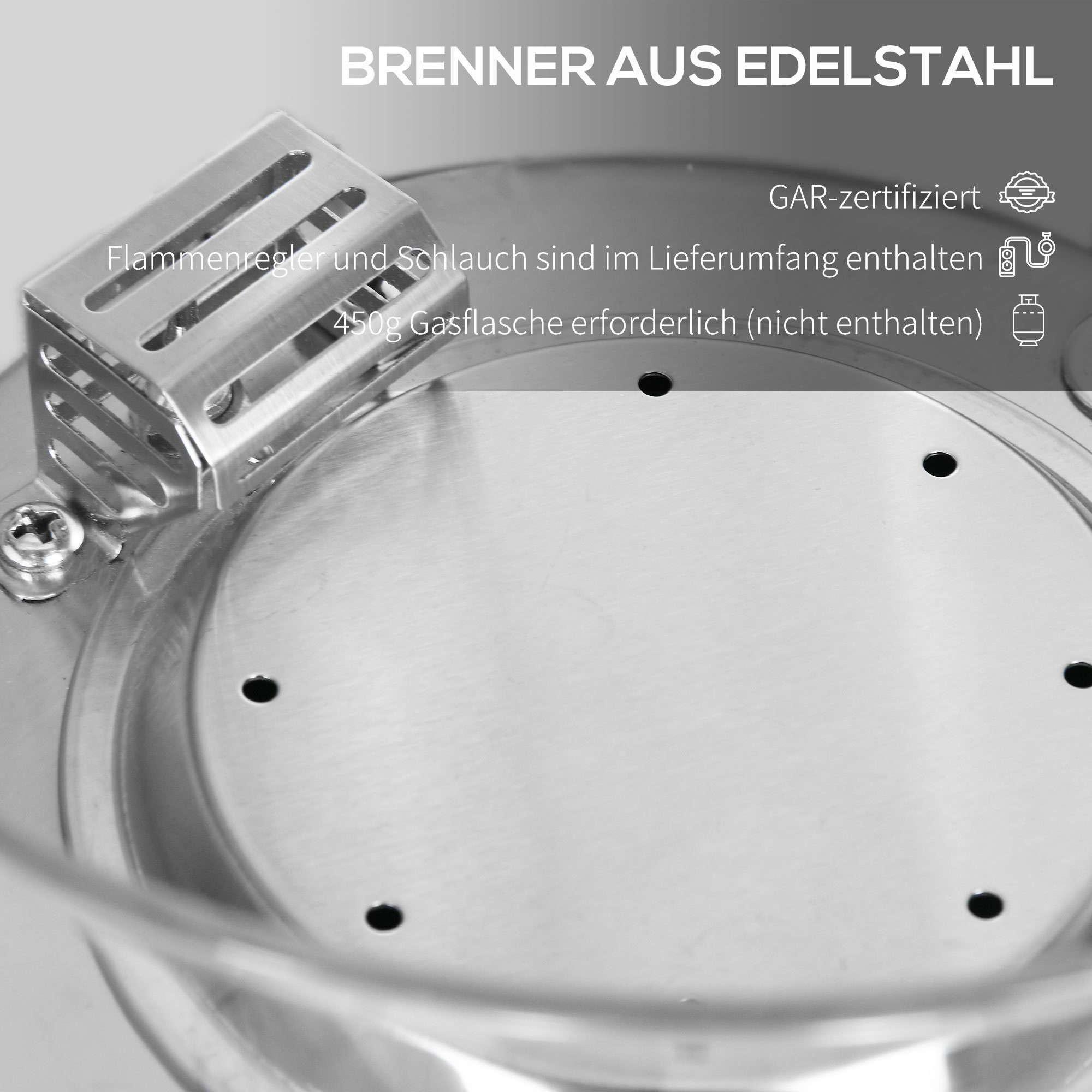 Outsunny Feuerstelle Tischfeuerschale, mit Glassteinen, Tragbare Feuerstelle, (Passend zum Regenschirmloch, 1-St., Heizstrahler im Betonoptik mit Glasperlen), ØxH: 25.4 x 18.5 cm