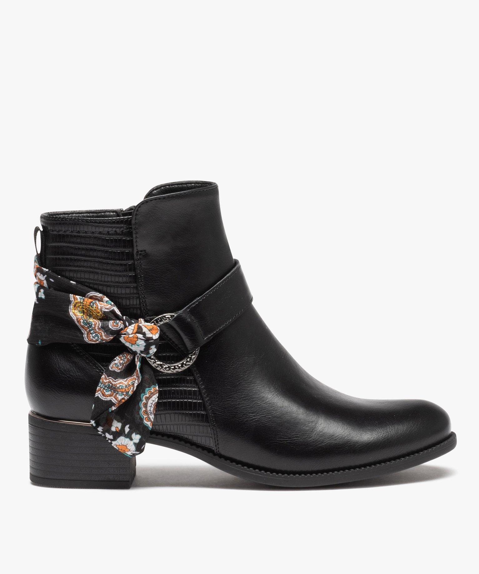 Boots femme unies à petit talon avec bride foulard noir | GEMO
