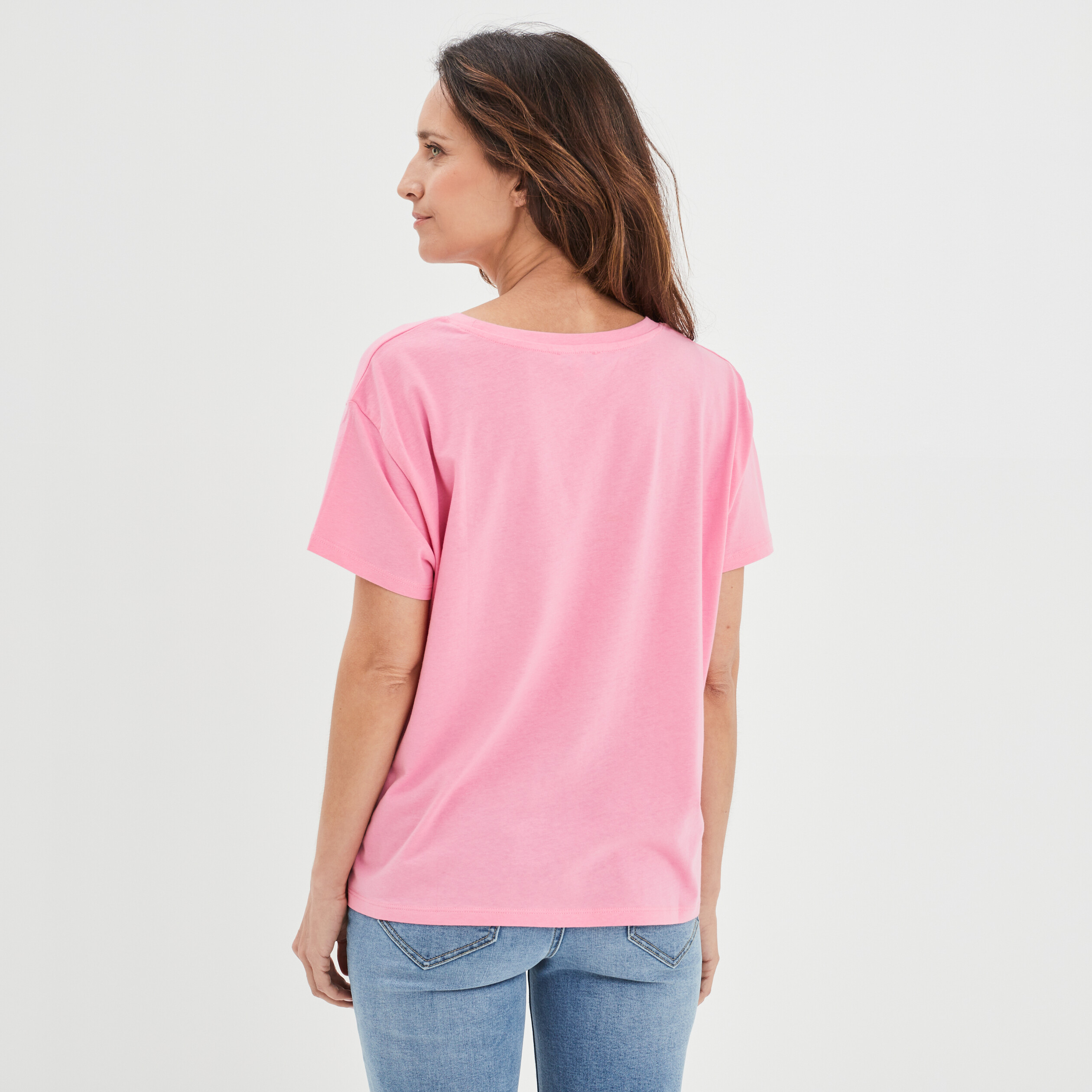 T-shirt col rond manches courtes coton rose femme | La Halle