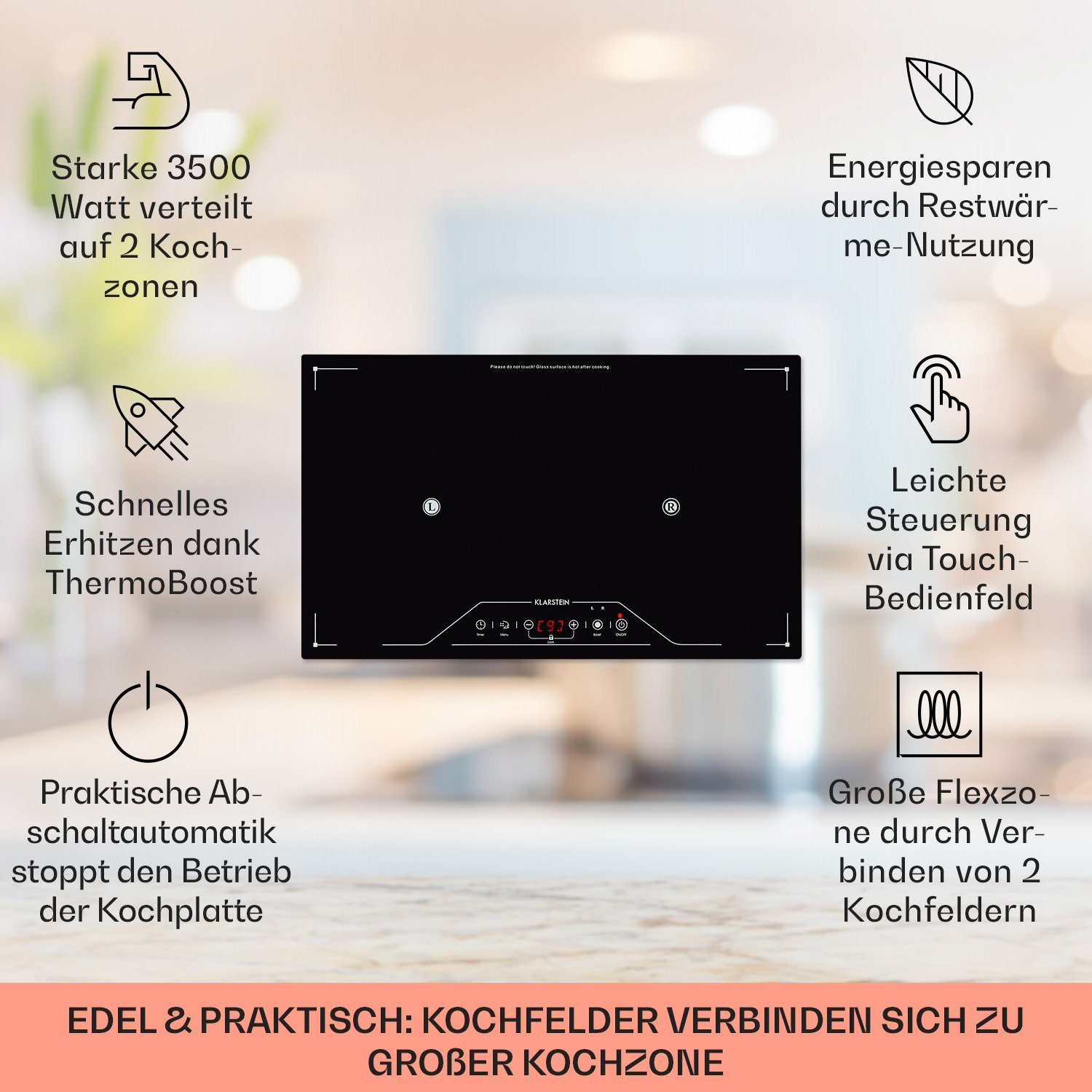 Klarstein Induktions-Kochfeld Deejay Freizonen-Induktionskochfeld 3500 W Glaskeramik Touch schwarz CP5-Deejay, Freizonen Induktionskochfeld Einbau Induktionsherd Kochplatten Herd