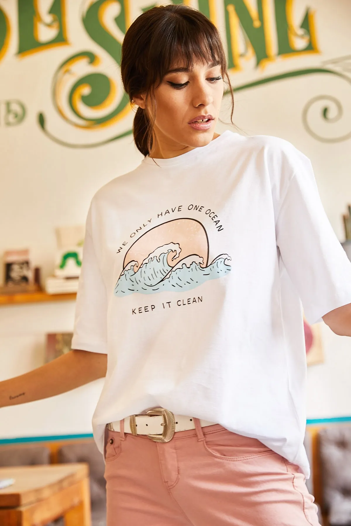 Olalook  Weißes Ocean-T-Shirt für Damen TSH-19000294