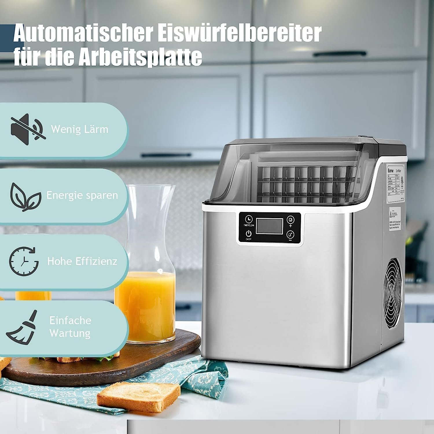KOMFOTTEU Eiswürfelmaschine, 18 kg/24 Std., mit 3,2 L Wassertank & 1,2 kg Eiskorb