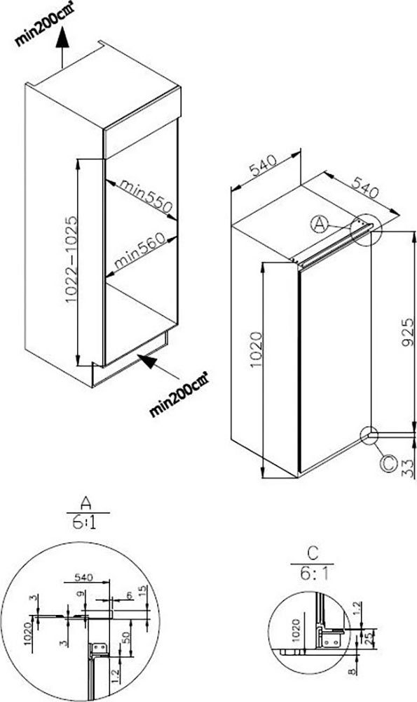 Amica Einbaukühlschrank EVKSS 351 215, 102 cm hoch, 54 cm breit