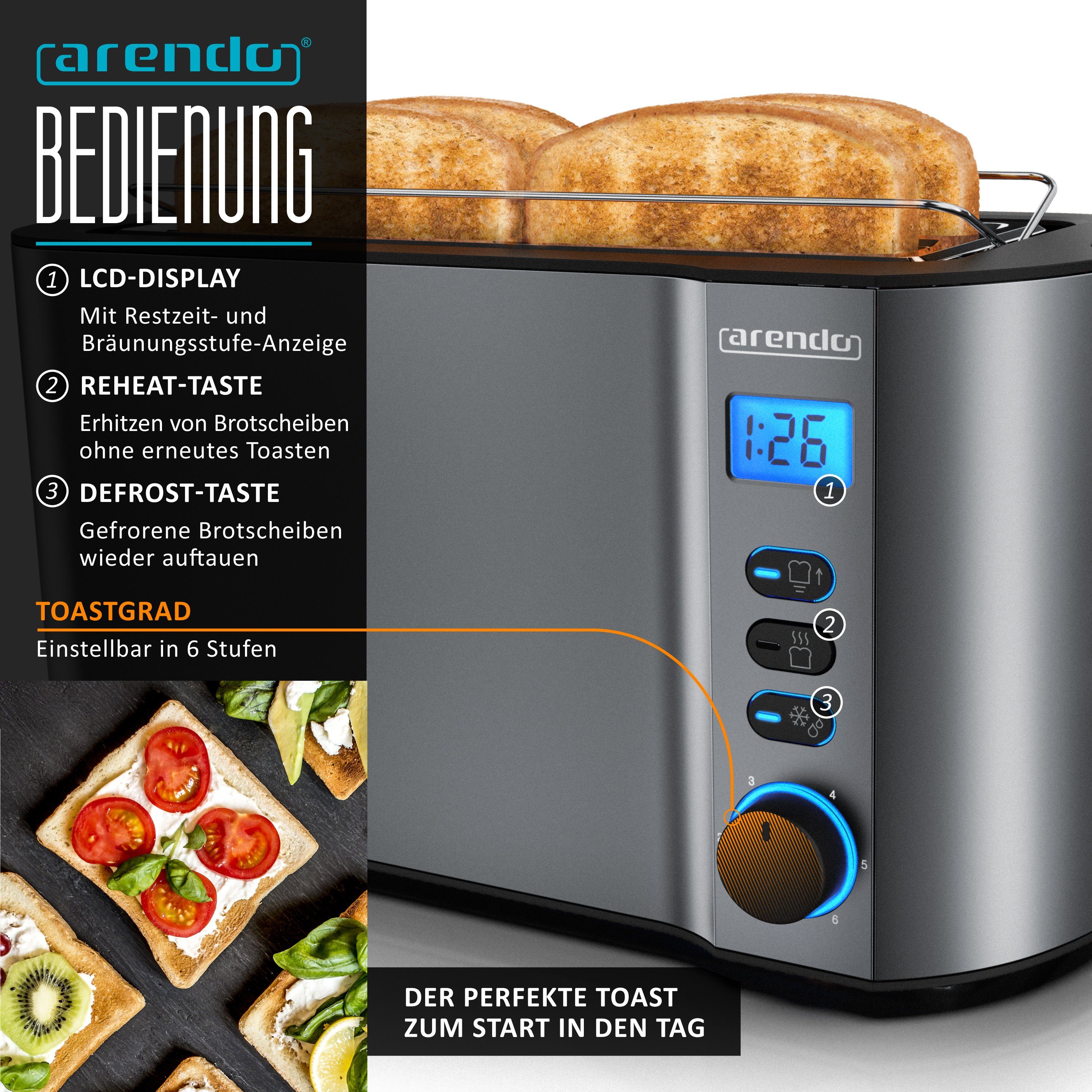Arendo Frühstücks-Set (3-tlg), Wasserkocher 1,5l, 4-Scheiben Toaster, 6er Eierkocher, Grau